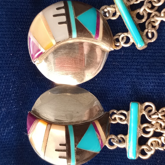 Native American Zuni Multi-stone Inlay Sterling Silver Dangle Stud Earrings - Picture 13 of 17